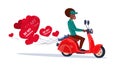 African American Woman Riding Retro Motor Bike With Heart Shaped Air Balloons Happy Valentines Day Concept