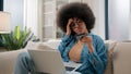 African American woman sad girl frustrated with insufficient funds problems payment online credit bank card trouble Royalty Free Stock Photo