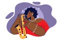 African American woman with saxophone performs jazz or blues music for club or festival goers