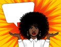 African American woman in shocked standing over background in comic retro pop art style with big speech bubble Royalty Free Stock Photo