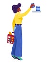 African American woman shopping, reaching for items on high shelf. Stylish shopper with basket, grocery shopping theme