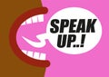 African american woman shouting SPEAK UP in word bubble - protesting for rights of women,