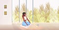 African american woman sitting lotus pose beautiful girl doing yoga exercises healthy lifestyle concept