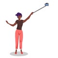 African american woman taking selfie photo with self stick by smartphone camera girl posing over white background full Royalty Free Stock Photo