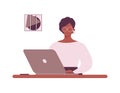 African-american woman tutor with glasses work on laptop.Remote work,e-learning or online training.Afro lady teacher,trainer or