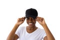African american woman wearing white t-shirt and black cap with copy space on white background Royalty Free Stock Photo