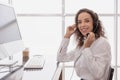 African American women hotline staff working in call center office for customer service assistant officer happy smile Royalty Free Stock Photo