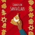 African American women`s hand holds a gingerbread Santa Claus. Christmas Homemade cookies. Vector illustration