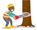 African-american woodcutter working with chainsaw