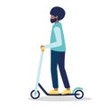 African American young boy with beard rides on a black and white electric scooter. A man riding a kick scooter isolated Royalty Free Stock Photo