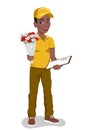 African american young boy courier holding bouquet of flowers