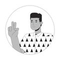 African american young man peace fingers black and white 2D vector avatar illustration