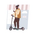 African American young man standing with mobile phone and electric walk scooter. Modern male character riding eco urban