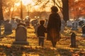 African americn mother with kid visiting grave in cemetery in sunset. Generative AI