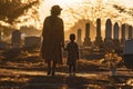 African americn mother with kid visiting grave in cemetery in sunset. Generative AI