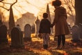 African americn mother with kid visiting grave in cemetery in sunset. Generative AI