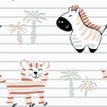 African animal baby cute summer seamless pattern. Sweet zebra, tiger print. Royalty Free Stock Photo