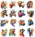 African animal set painted with watercolors on a white background in a realistic manner, multicolored and iridescent.
