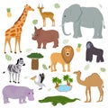 African animal vector wild animalistic character elephant giraffe gorilla mammal in wildlife Africa illustration set of