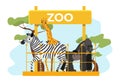African animal zoo place poster herbivore zebra, giraffe and gorilla, zoological garden flat vector illustration