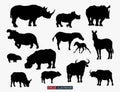 African animals silhouettes set. Rhino, zebra, hippo, buffalo. Template for your design works.