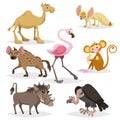 African animals cartoon set. Dromedary camel, vulture, flamingo, hyena, warthog, monkey with banana and african fox fennec. Zoo wi Royalty Free Stock Photo