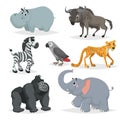 African animals cartoon set. Hippo, gorilla monkey, gray parrot, elephant, cheetah, zebra and wildebeest. Zoo wildlife collection. Royalty Free Stock Photo