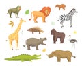 African animals cartoon vector set. elephant, rhino, giraffe, cheetah, zebra, hyena, lion, hippo, crocodile, gorila and Royalty Free Stock Photo