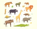 African animals cartoon vector set. elephant, rhino, giraffe, cheetah, zebra, hyena, lion, hippo, crocodile, gorila and