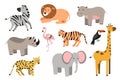 African animals cartoon vector set. elephant, rhino, giraffe, cheetah, zebra, lion, hippo, and outhers. safari isolated Royalty Free Stock Photo