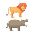 African animals cartoon vector set. lion and hippo vector illustration safari.