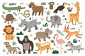 African animals collection, smiling giraffe, jumping zebra and laughing elephant, jungle and safari animals with facial