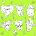 African animals coloring stickers, vector, cool animals, sunglasses.