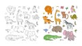 African animals. Cute cartoon lion and tiger, elephant and zebra, monkey and parrot. Fun zoo. Illustration for coloring Royalty Free Stock Photo