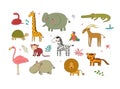 African animals. Cute cartoon lion and tiger, elephant and zebra, monkey and parrot. Fun zoo Royalty Free Stock Photo