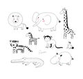 African animals. Cute cartoon lion and tiger, elephant and zebra, monkey and parrot. Fun zoo Royalty Free Stock Photo