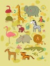 African animals. Cute cartoon lion and tiger, elephant and zebra, monkey and parrot. Fun zoo Royalty Free Stock Photo