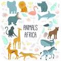 African animals hand drawn cartoon characters vector illustration Royalty Free Stock Photo