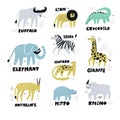 African animals hand drawn characters set Royalty Free Stock Photo