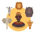 African animals and human heads and afro vector illustration lion, elephant, giraffe with zebra and hippopotamus