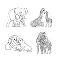 African animals. Mom and baby. Lion, elephant, giraffe, zebra. Black and white vector illustration Royalty Free Stock Photo
