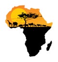 African animals over map of Africa. Safari sunset. Royalty Free Stock Photo