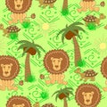 African animals pattern. Seamless pattern with turtle, lion, palm tree, sun, grass on a green background. Royalty Free Stock Photo
