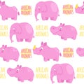 African animals pink vector seamless pattern: elephant, rhino, h