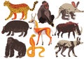 African Animals Set, Hippopotamus, Cheetah, Monkey, Antelope, Gorilla, Ssnake, Warthog, Aaardvark, Hyena Vector