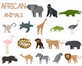 African animals set of icons in flat style, African fauna, elephant, rhino, lion, parrot, etc. vector illustration Royalty Free Stock Photo