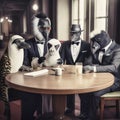 African animals sit in tuxedos at a round table,