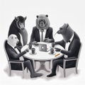 African animals sit in tuxedos at a round table, Generative AI