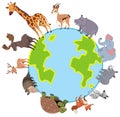 African animals standing on the earth planet in flat style Royalty Free Stock Photo