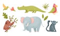 African Animals with Toothy Crocodile and Sloth Sitting on Tree Branch Vector Set